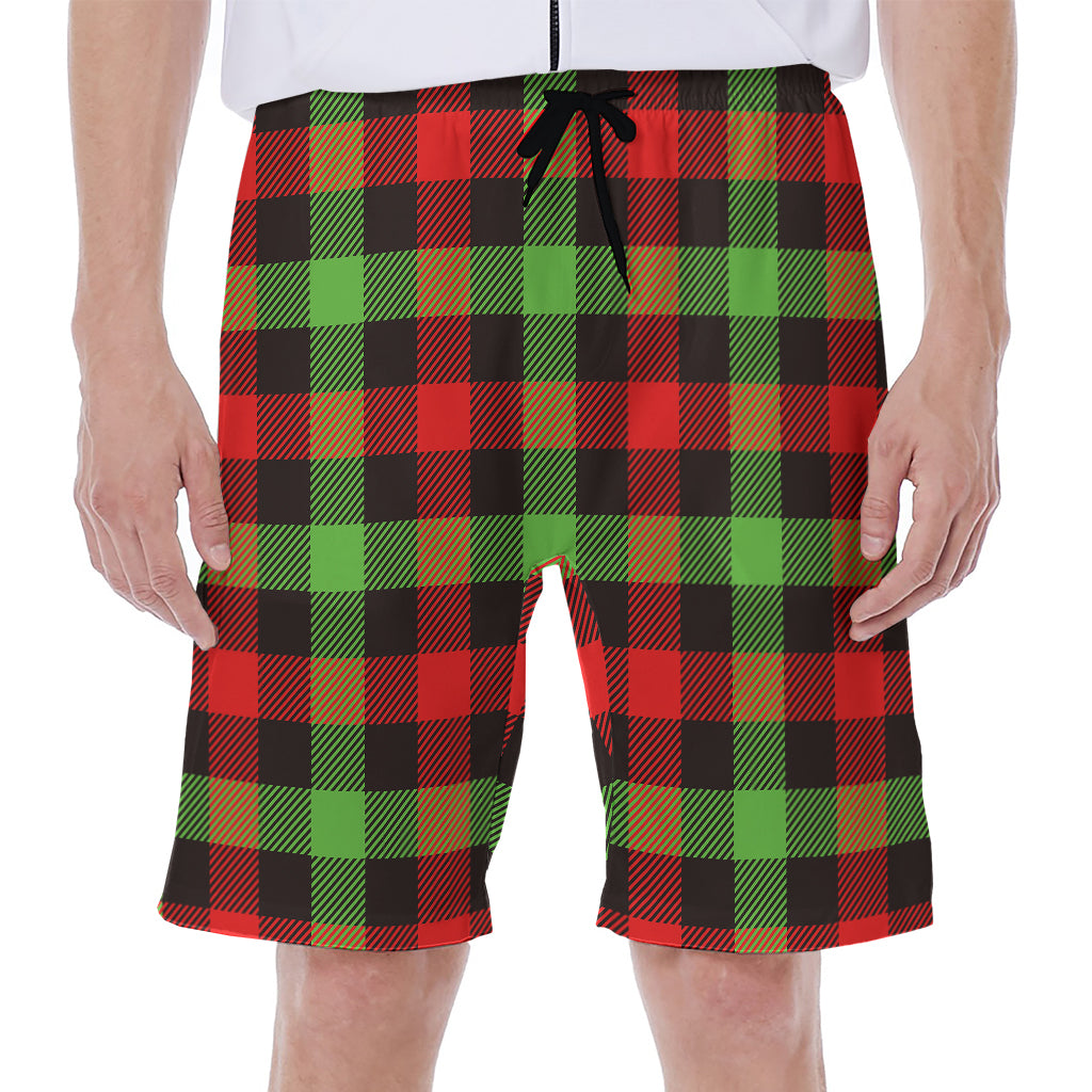 Green Red And Black Buffalo Plaid Print Men's Beach Shorts