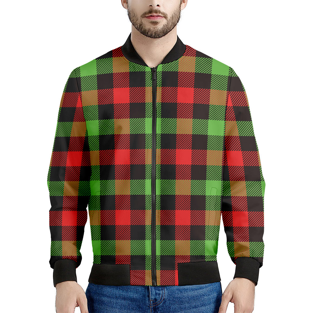Green Red And Black Buffalo Plaid Print Men's Bomber Jacket