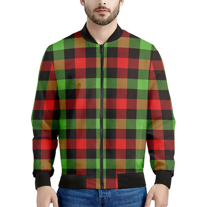 Green Red And Black Buffalo Plaid Print Men's Bomber Jacket