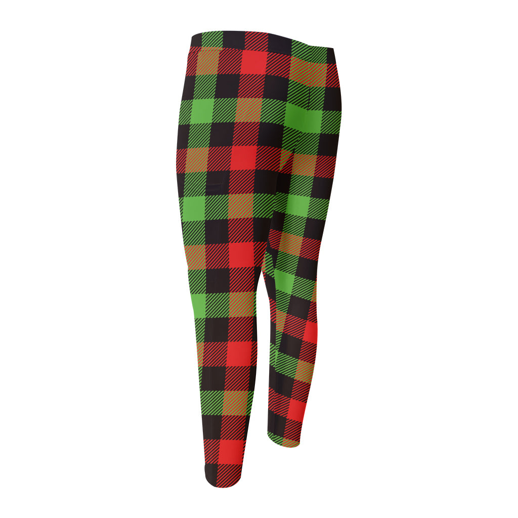 Green Red And Black Buffalo Plaid Print Men's Compression Pants