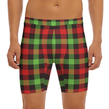 Green Red And Black Buffalo Plaid Print Men's Long Boxer Briefs