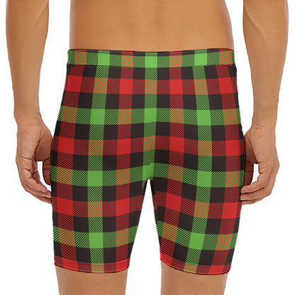 Green Red And Black Buffalo Plaid Print Men's Long Boxer Briefs