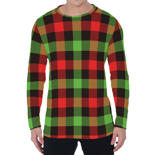 Green Red And Black Buffalo Plaid Print Men's Long Sleeve T-Shirt