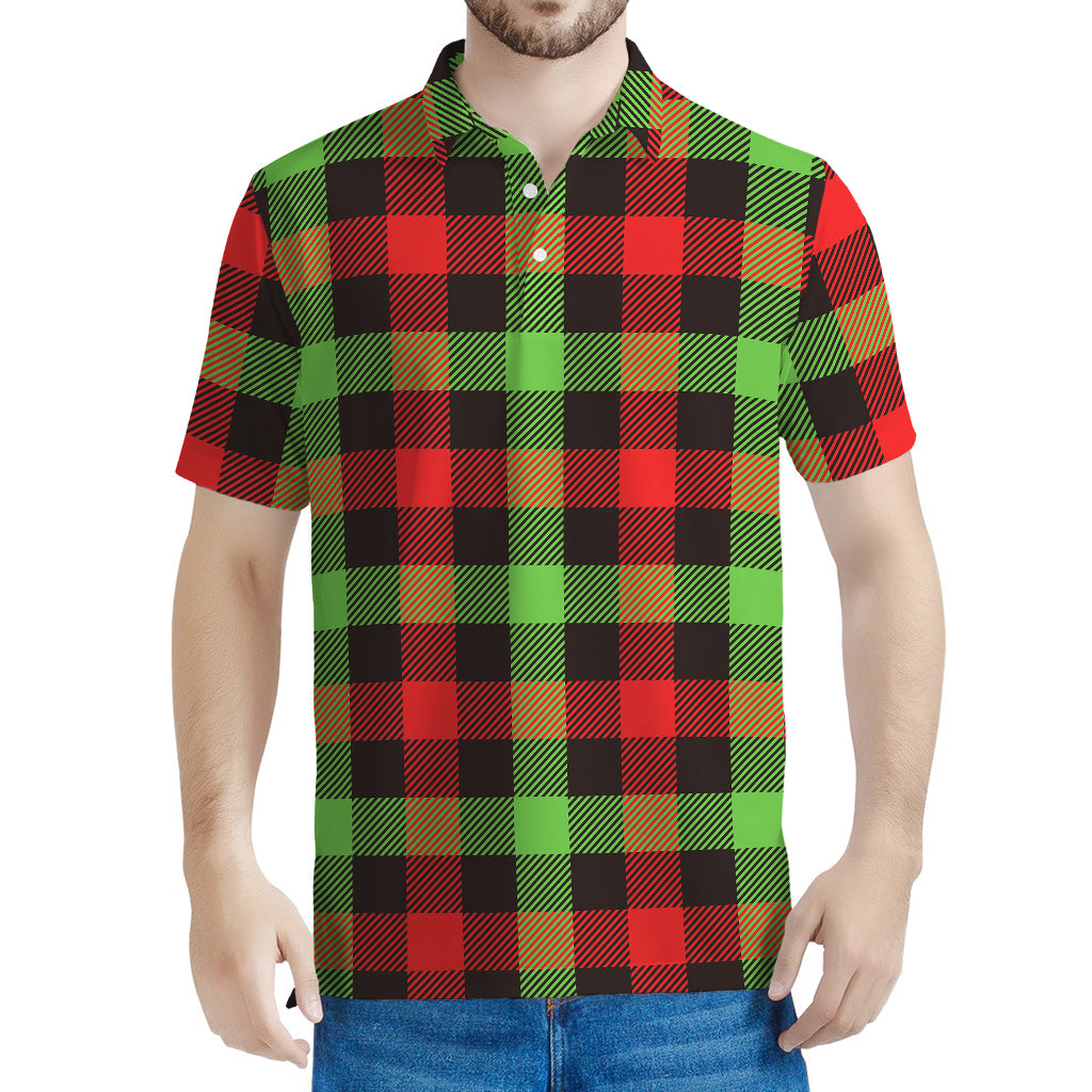 Green Red And Black Buffalo Plaid Print Men's Polo Shirt