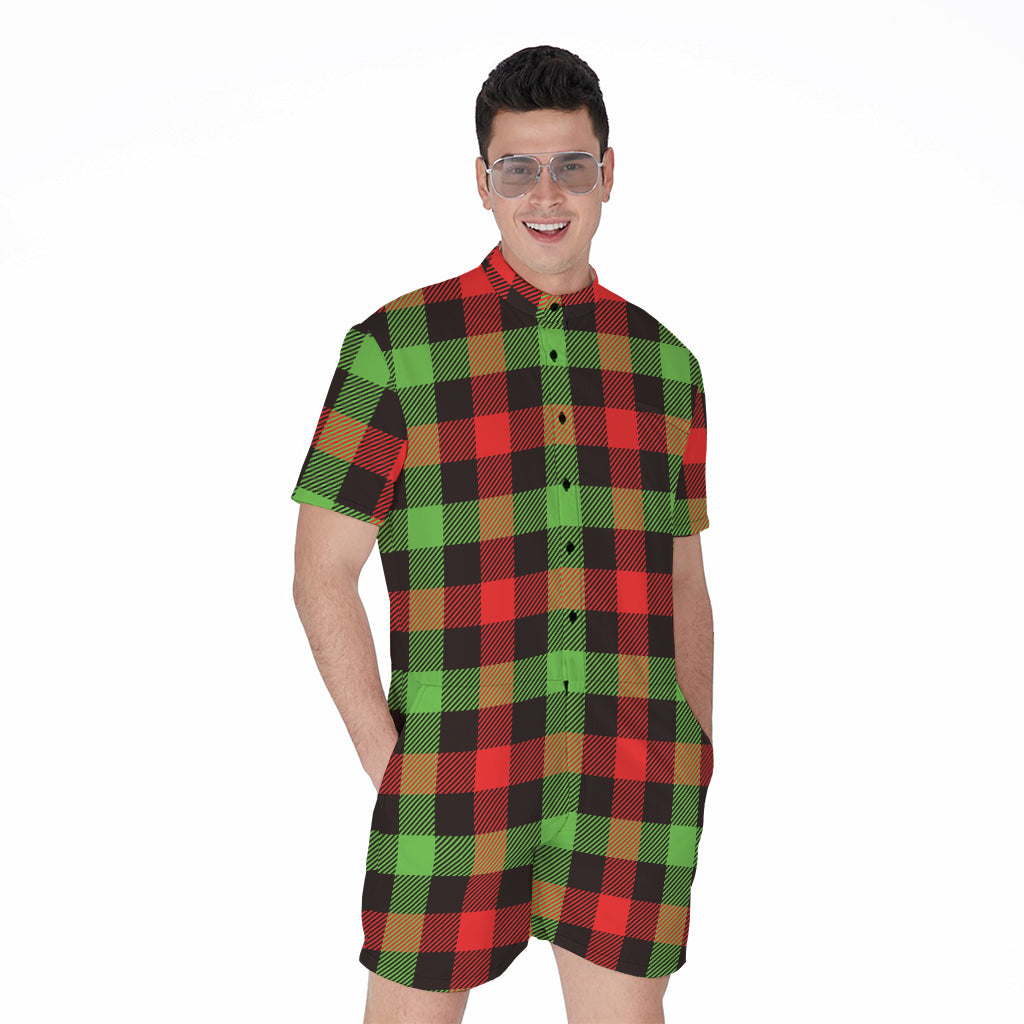 Green Red And Black Buffalo Plaid Print Men's Rompers
