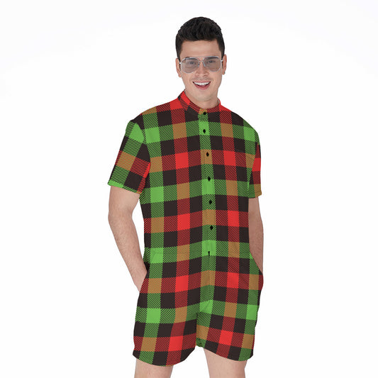 Green Red And Black Buffalo Plaid Print Men's Rompers