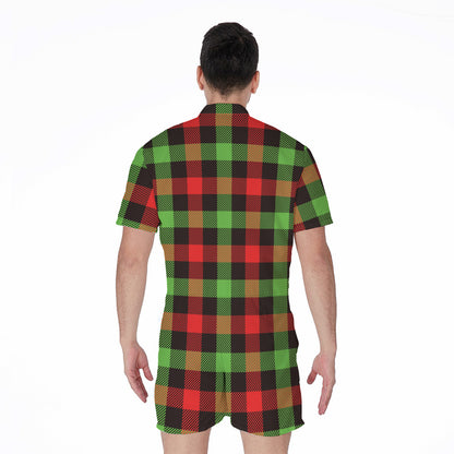 Green Red And Black Buffalo Plaid Print Men's Rompers