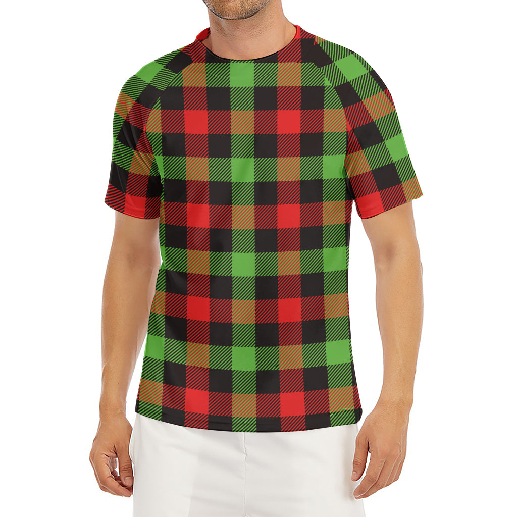 Green Red And Black Buffalo Plaid Print Men's Short Sleeve Rash Guard