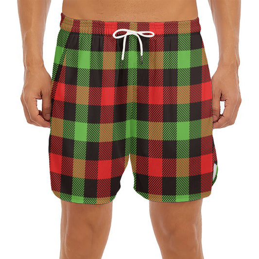 Green Red And Black Buffalo Plaid Print Men's Split Running Shorts