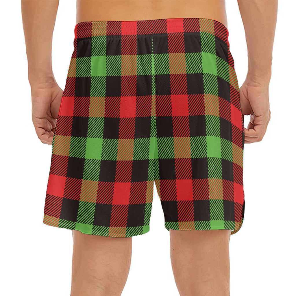 Green Red And Black Buffalo Plaid Print Men's Split Running Shorts