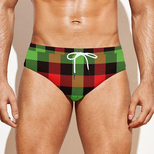 Green Red And Black Buffalo Plaid Print Men's Swim Briefs