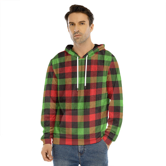 Green Red And Black Buffalo Plaid Print Men's Velvet Pullover Hoodie