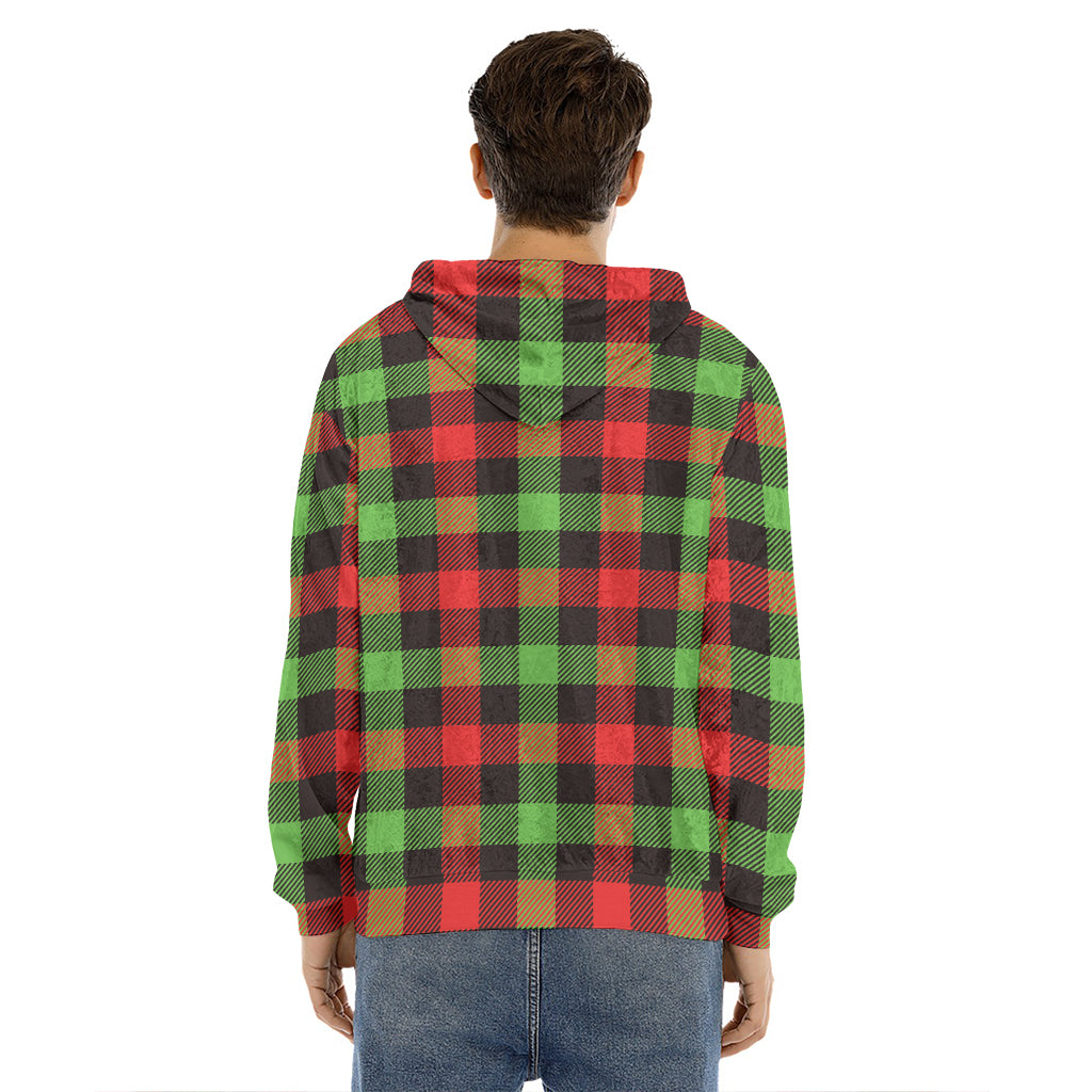 Green Red And Black Buffalo Plaid Print Men's Velvet Pullover Hoodie