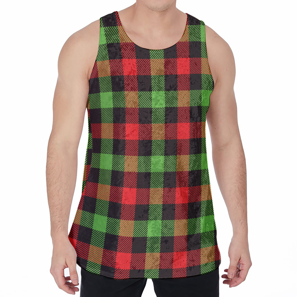 Green Red And Black Buffalo Plaid Print Men's Velvet Tank Top
