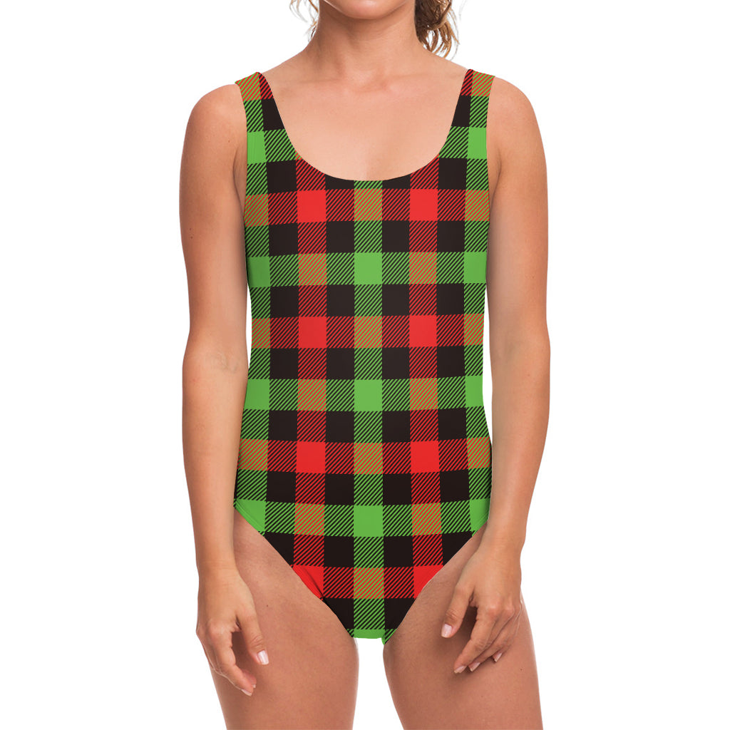 Green Red And Black Buffalo Plaid Print One Piece Swimsuit