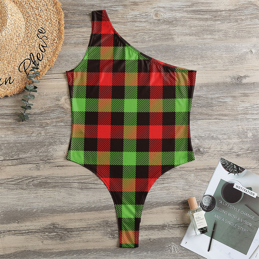 Green Red And Black Buffalo Plaid Print One Shoulder Bodysuit