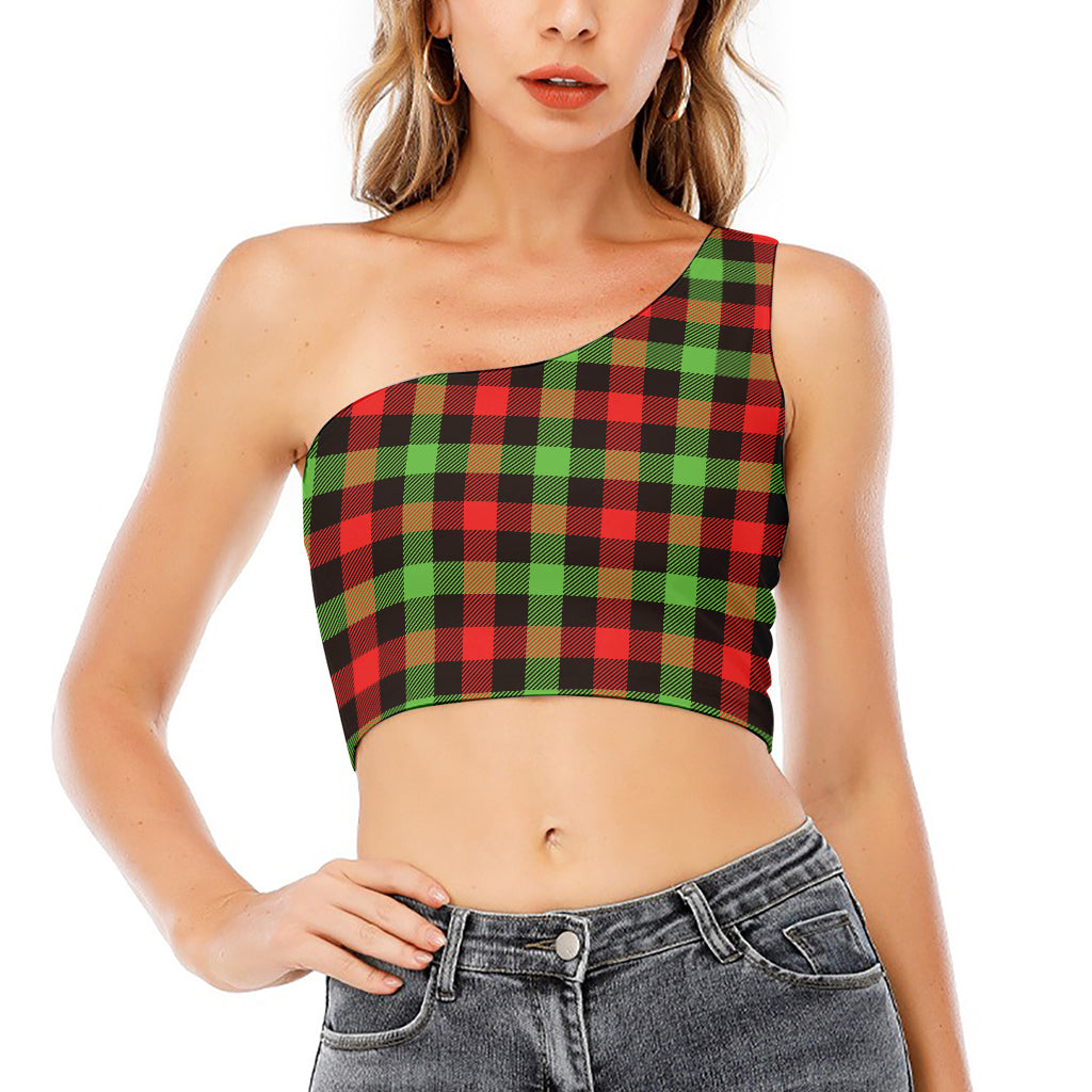Green Red And Black Buffalo Plaid Print One Shoulder Crop Top