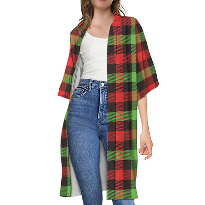 Green Red And Black Buffalo Plaid Print Open Front Beach Cover Up