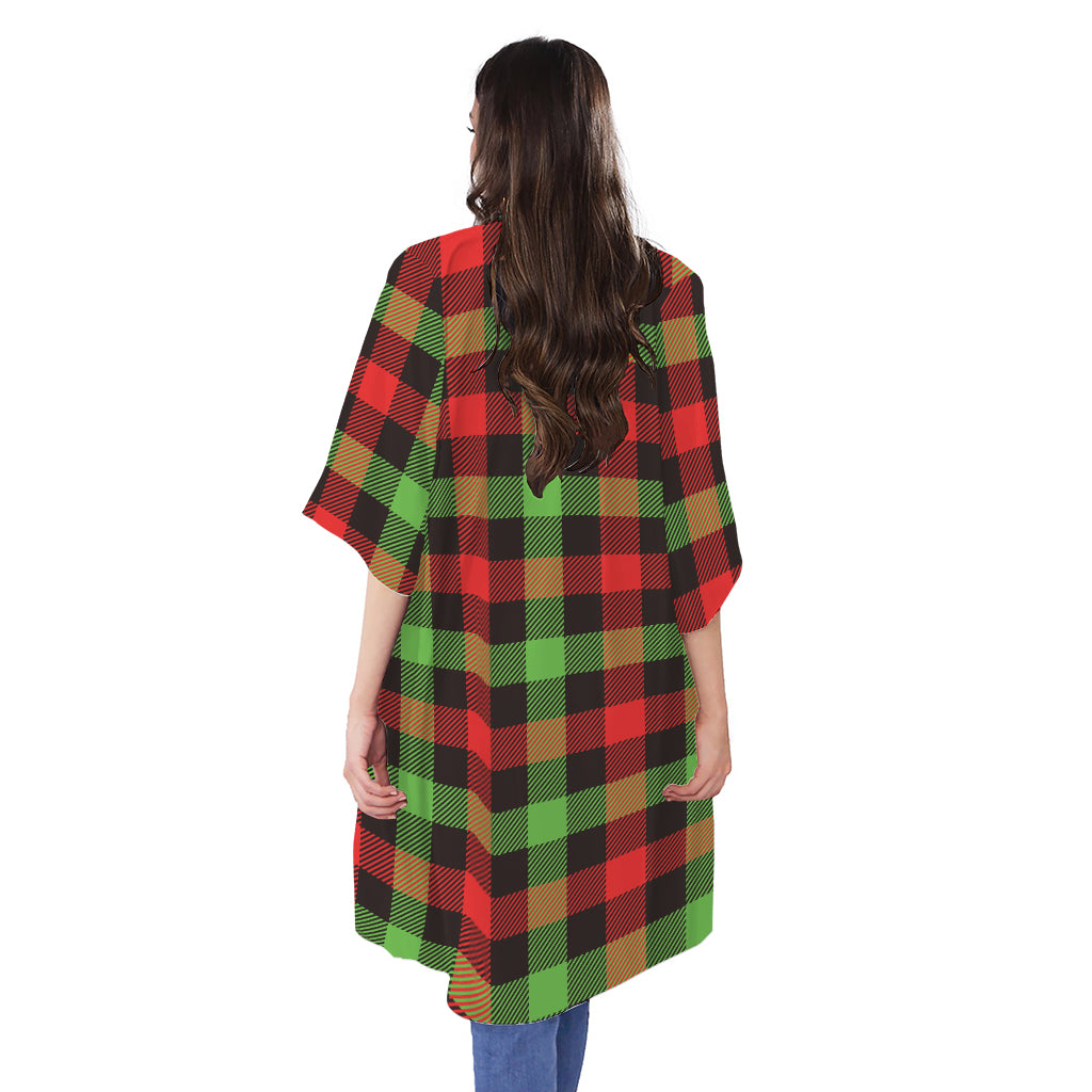 Green Red And Black Buffalo Plaid Print Open Front Beach Cover Up