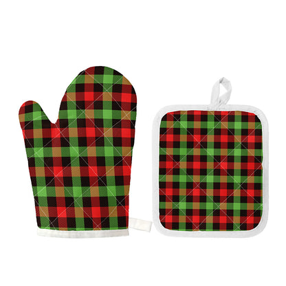 Green Red And Black Buffalo Plaid Print Oven Mitt And Pot Holder Set