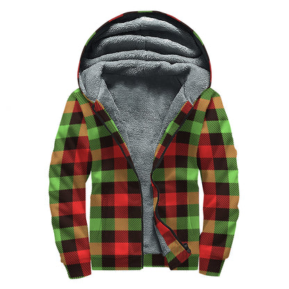 Green Red And Black Buffalo Plaid Print Sherpa Lined Zip Up Hoodie