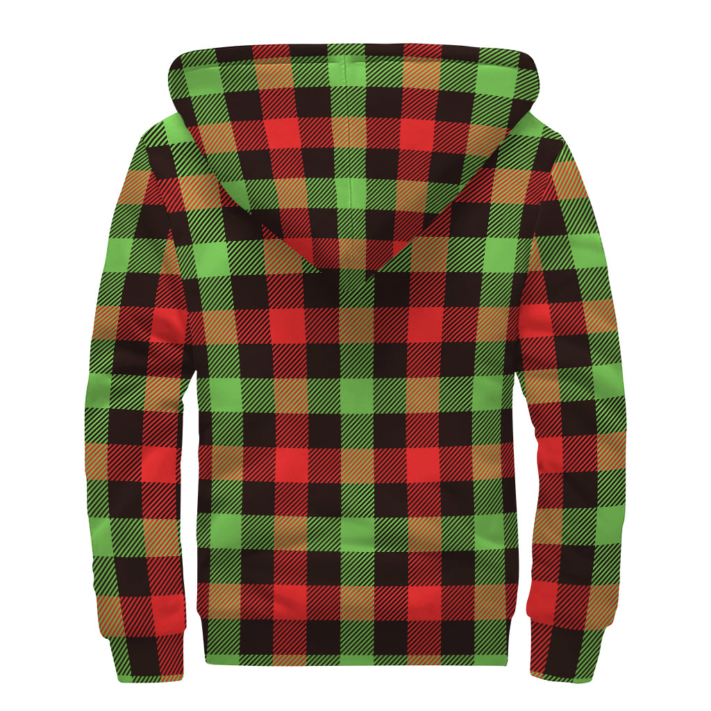 Green Red And Black Buffalo Plaid Print Sherpa Lined Zip Up Hoodie