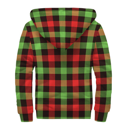 Green Red And Black Buffalo Plaid Print Sherpa Lined Zip Up Hoodie