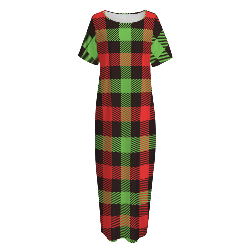 Green Red And Black Buffalo Plaid Print Short Sleeve Long Nightdress
