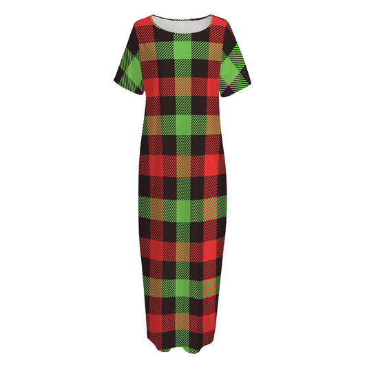 Green Red And Black Buffalo Plaid Print Short Sleeve Long Nightdress