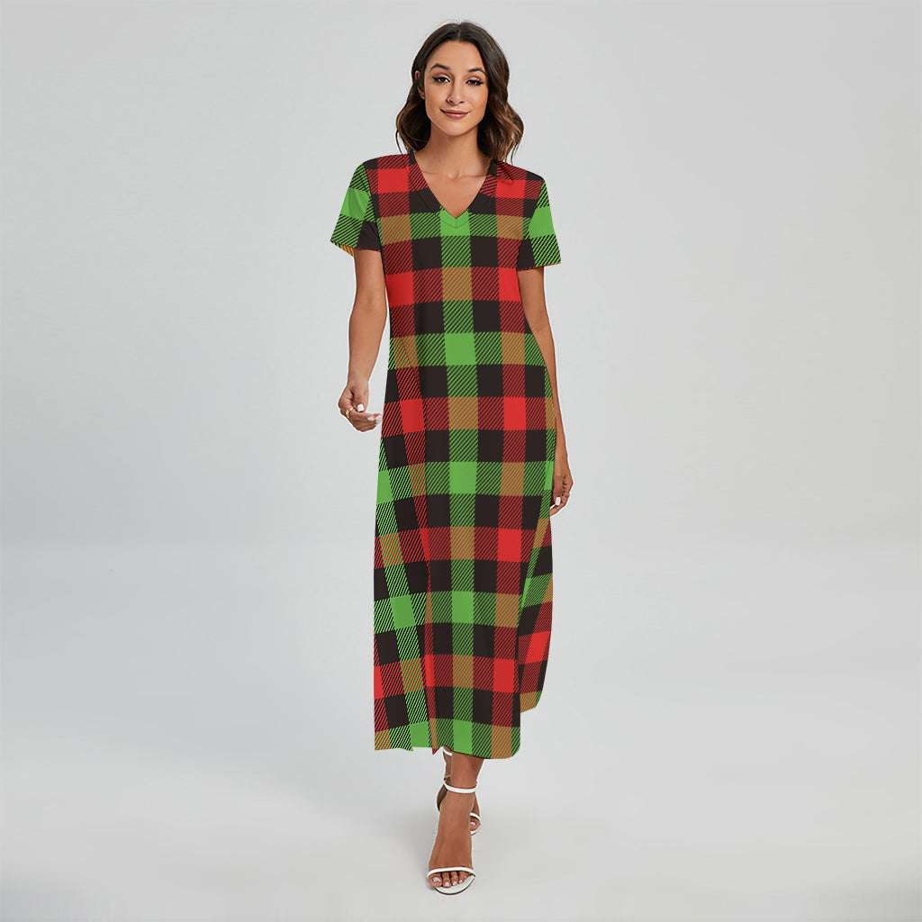 Green Red And Black Buffalo Plaid Print Short Sleeve Maxi Dress