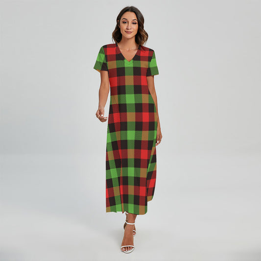 Green Red And Black Buffalo Plaid Print Short Sleeve Maxi Dress