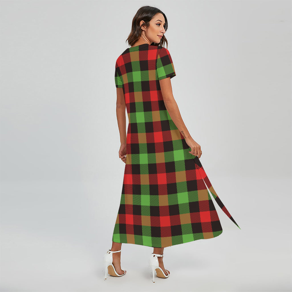 Green Red And Black Buffalo Plaid Print Short Sleeve Maxi Dress