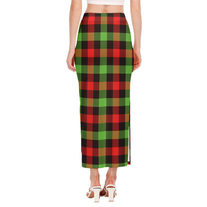 Green Red And Black Buffalo Plaid Print Side Slit Maxi Skirt