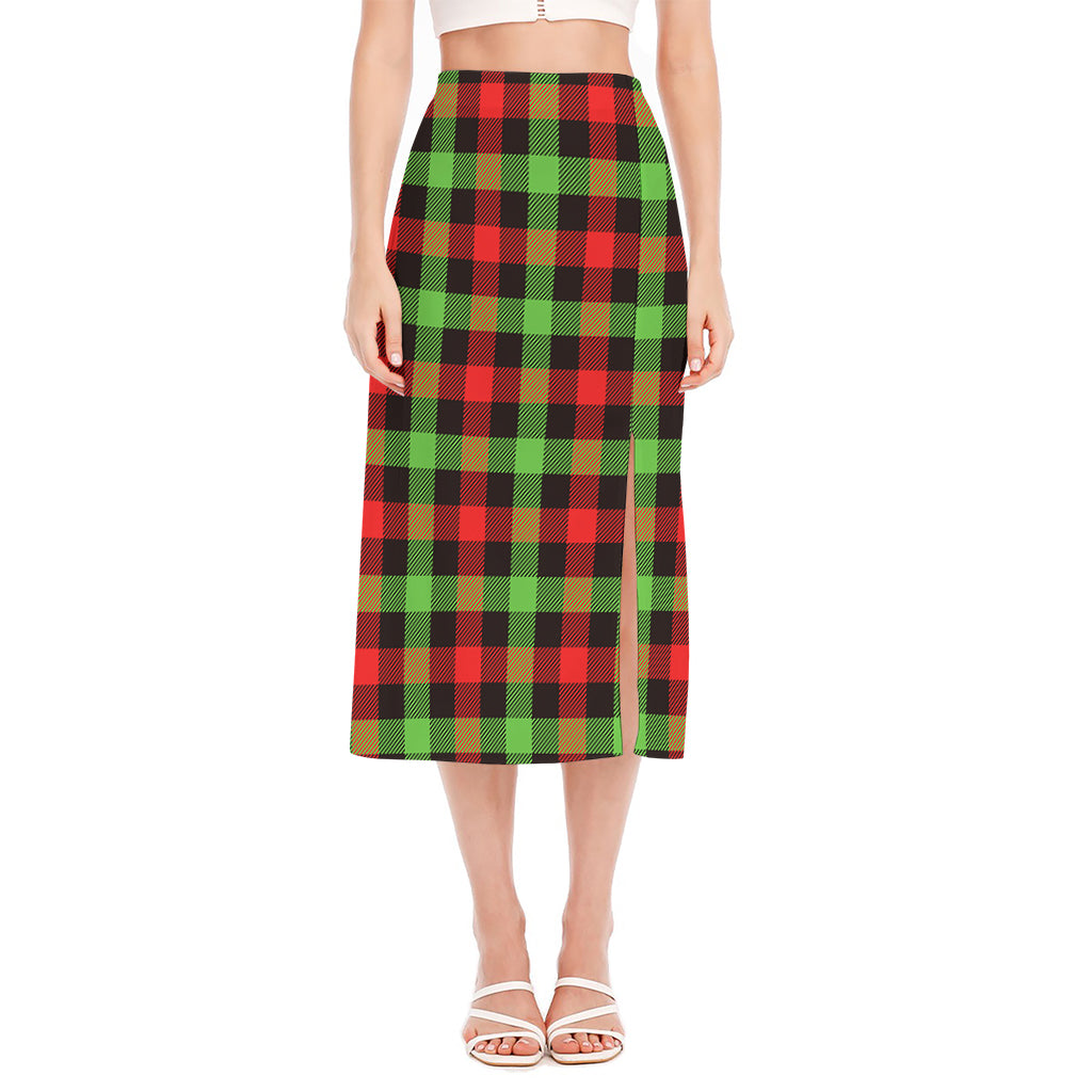 Green Red And Black Buffalo Plaid Print Side Slit Midi Skirt