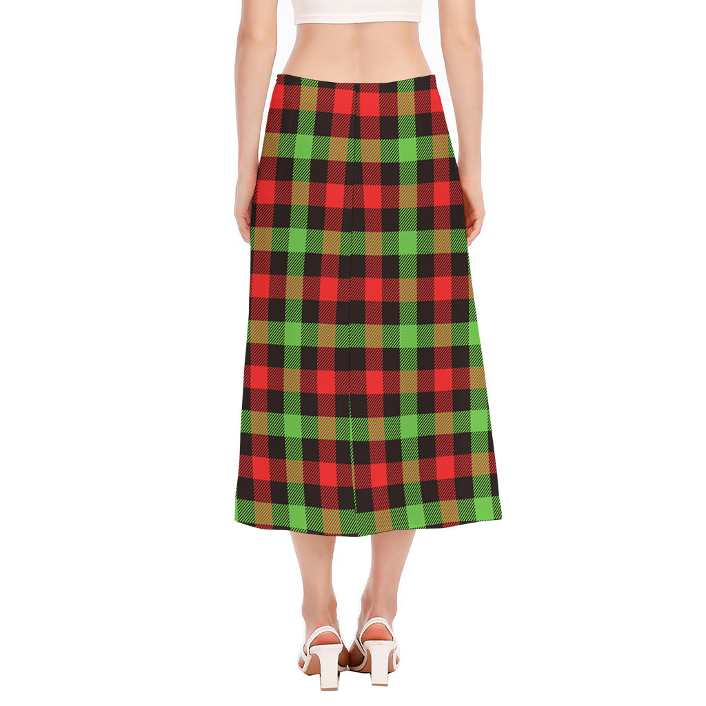 Green Red And Black Buffalo Plaid Print Side Slit Midi Skirt