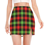 Green Red And Black Buffalo Plaid Print Side Slit Mini Skirt