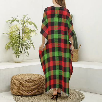Green Red And Black Buffalo Plaid Print Silk V-Neck Kaftan Dress