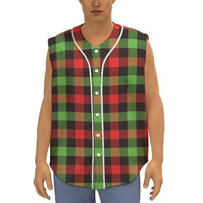 Green Red And Black Buffalo Plaid Print Sleeveless Baseball Jersey