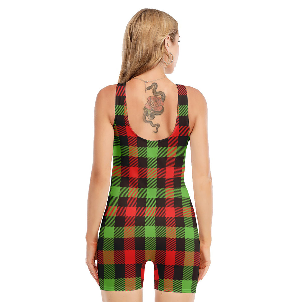 Green Red And Black Buffalo Plaid Print Sleeveless One Piece Swimsuit