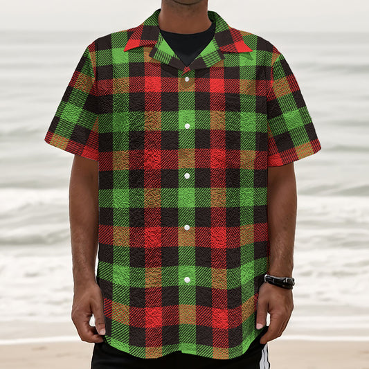 Green Red And Black Buffalo Plaid Print Textured Short Sleeve Shirt