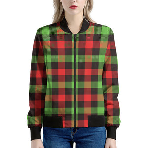 Green Red And Black Buffalo Plaid Print Women's Bomber Jacket