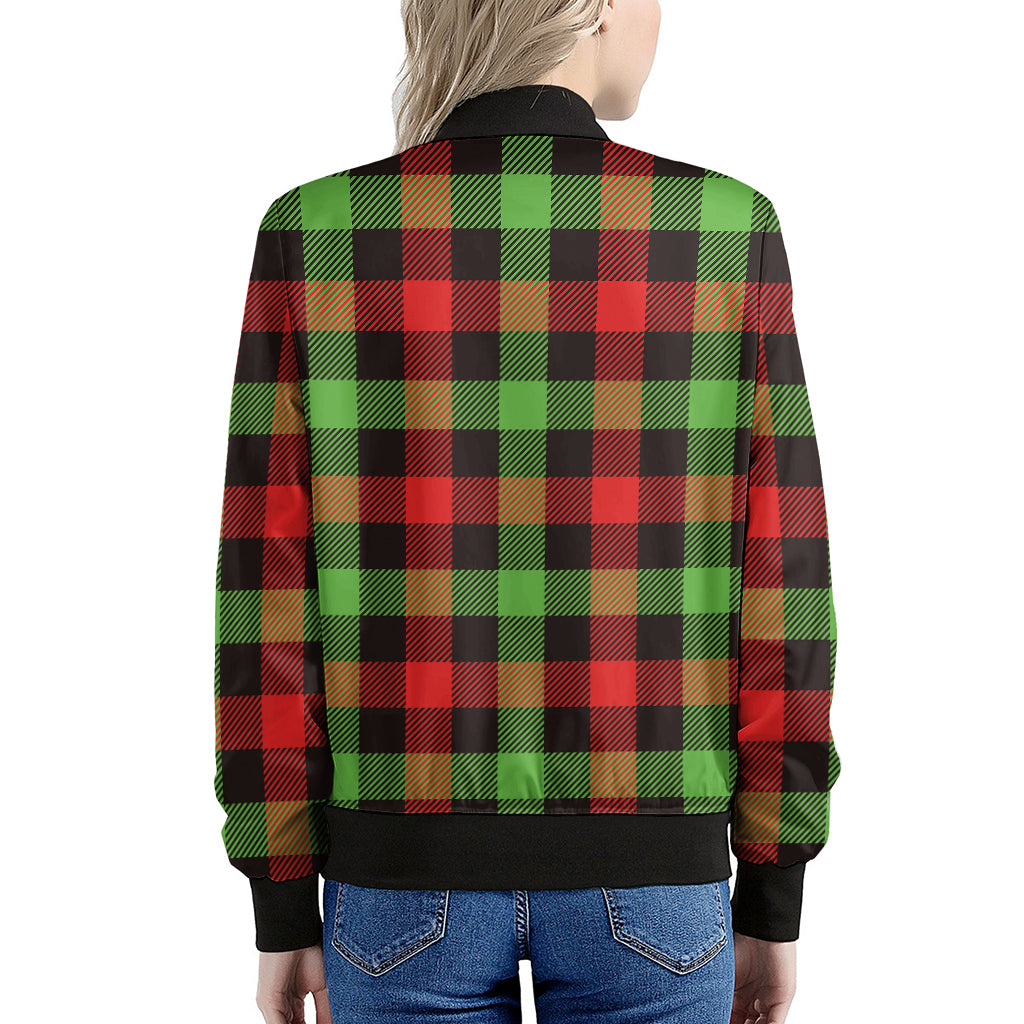 Green Red And Black Buffalo Plaid Print Women's Bomber Jacket