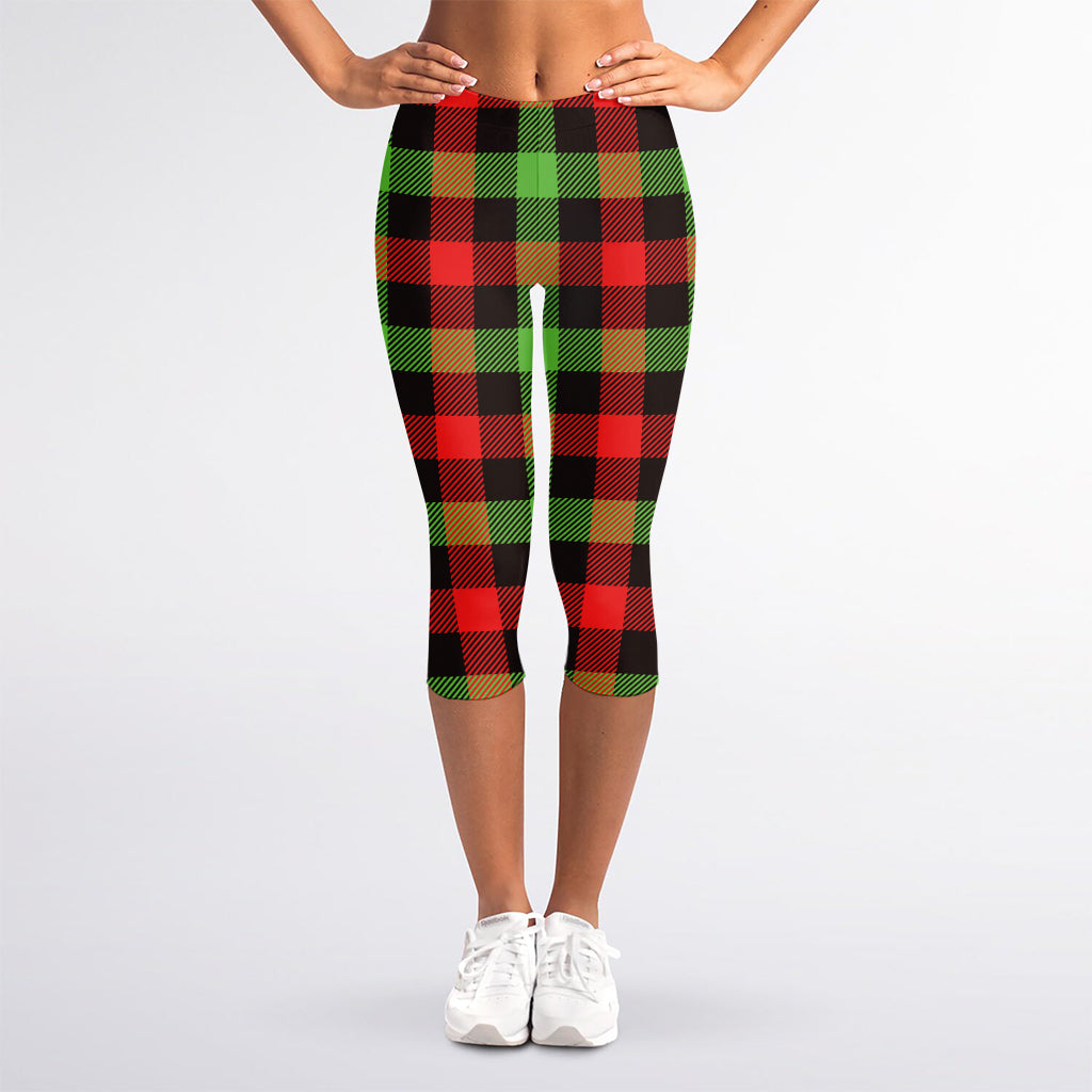 Green Red And Black Buffalo Plaid Print Women's Capri Leggings