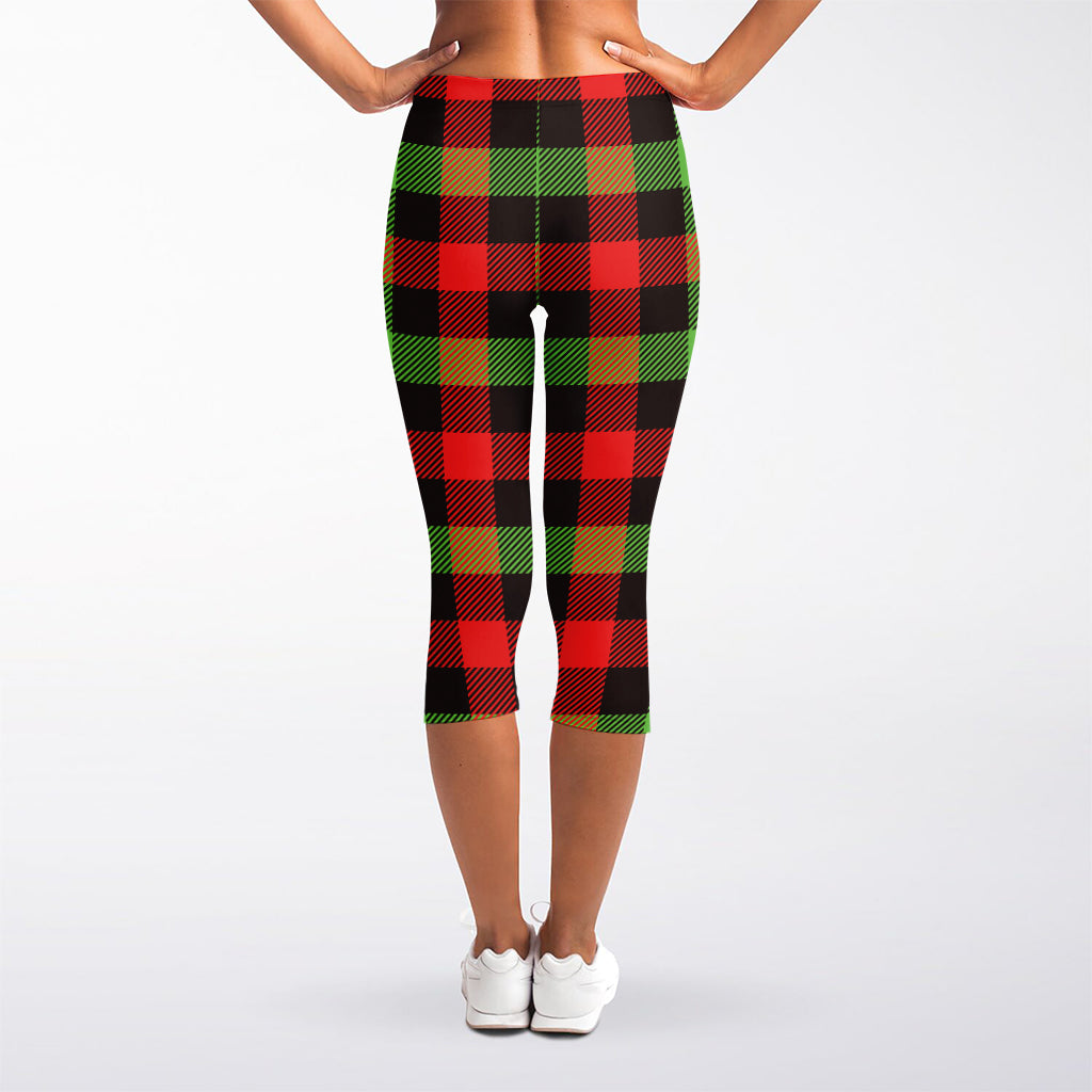 Green Red And Black Buffalo Plaid Print Women's Capri Leggings