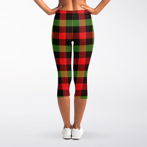 Green Red And Black Buffalo Plaid Print Women's Capri Leggings