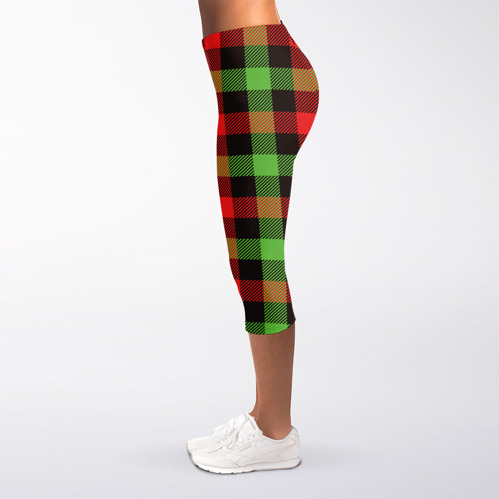 Green Red And Black Buffalo Plaid Print Women's Capri Leggings