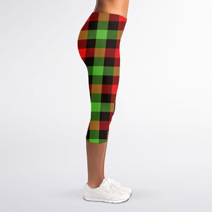 Green Red And Black Buffalo Plaid Print Women's Capri Leggings