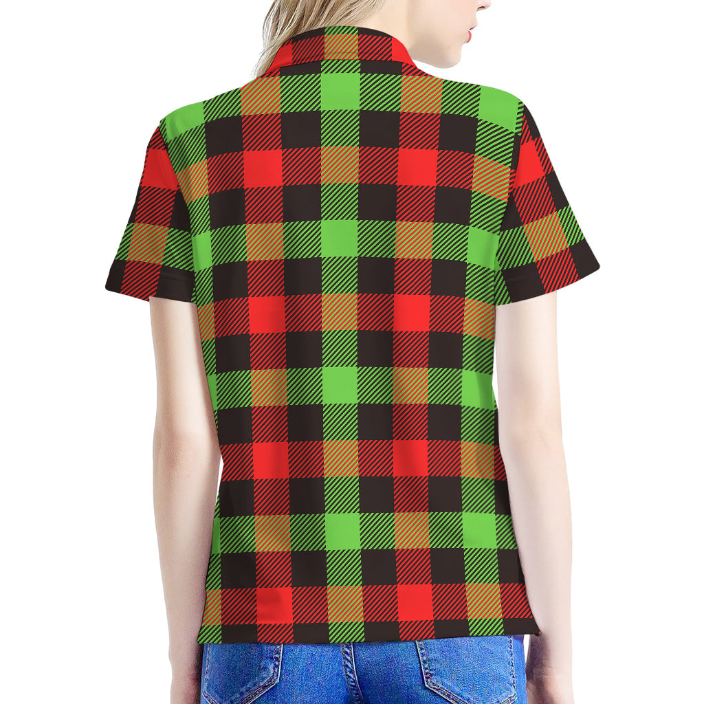Green Red And Black Buffalo Plaid Print Women's Polo Shirt