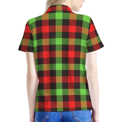 Green Red And Black Buffalo Plaid Print Women's Polo Shirt