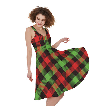 Green Red And Black Buffalo Plaid Print Women's Sleeveless Dress